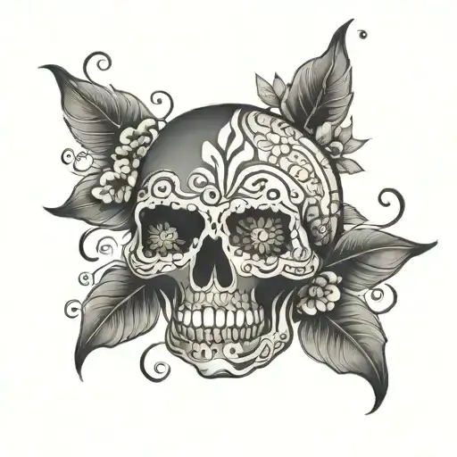 Black Dia De Los Muertos Skull With Designs In Between