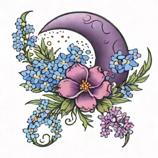 Purple Crescent Moon With Heather Sprig And Forget Me Not