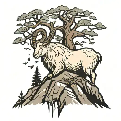 Mountain Goat Over Mountain With Roots Reaching Deep