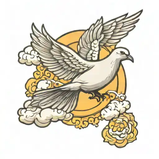 Dove Flying To Sun And Clouds