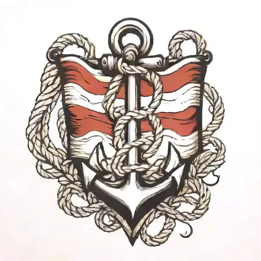 Anchor With Rope Wrapped And 3 Flags