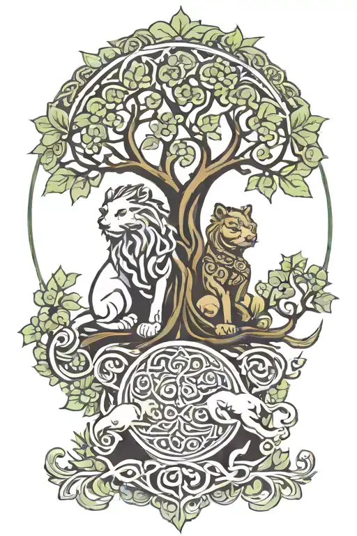 Celtic Tree Of Life Intertwined With A Male And Female Foo Dog