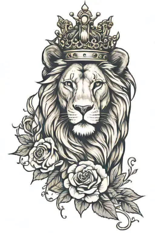 Lion Head With A Crown And Roses