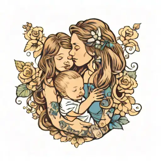 Mother With Long Brown Hair Holding Baby Boy With Brown Hair And Boy Toddler With Blonde Hair