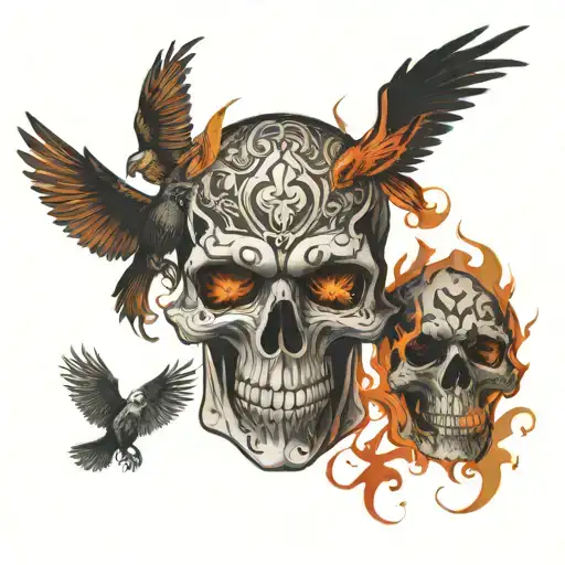 Shadow Figures Skull Fire Birds
