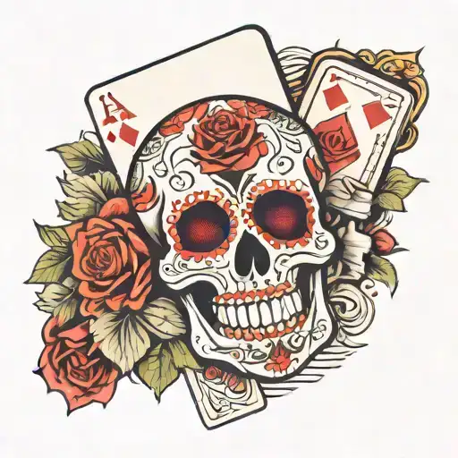 Day Of The Dead Skull With Rose Under And Four Ace Cards Above