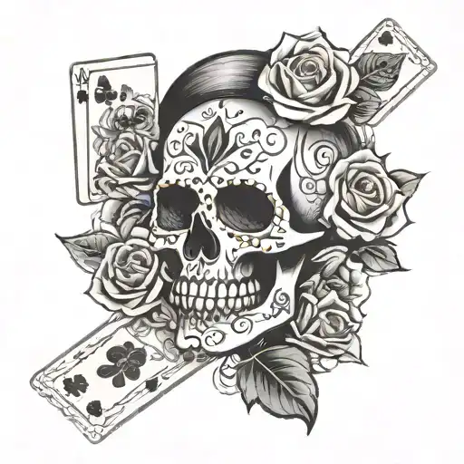 Day Of The Dead Skull With Rose And Ace Cards Behind The Head
