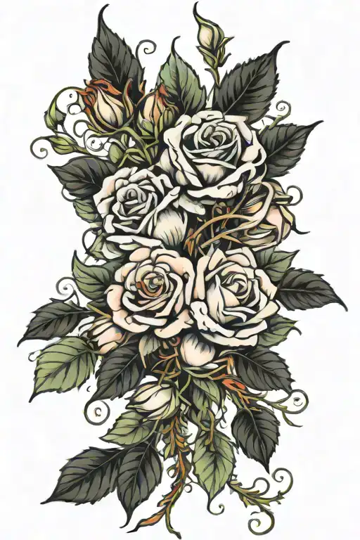 Rose And Honeysuckles Flowers In A Bouquet Tied