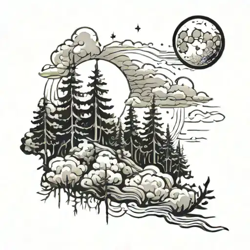 Forest With Moon And Clouds In The Background