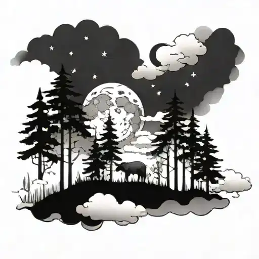 Forest With Moon And Clouds In The Background