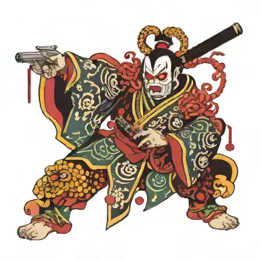 Six-armed Kabuki Holding A Gun