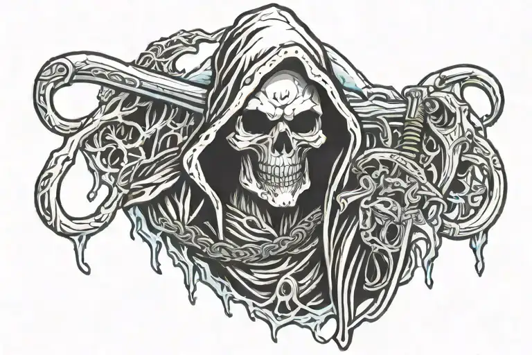 Grim Reaper Head Profile With A Climbing Ice Axe Around His Neck