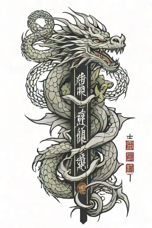 Dragon Wrapped In A Stick With Thorns And A Chinese Phrase At The End