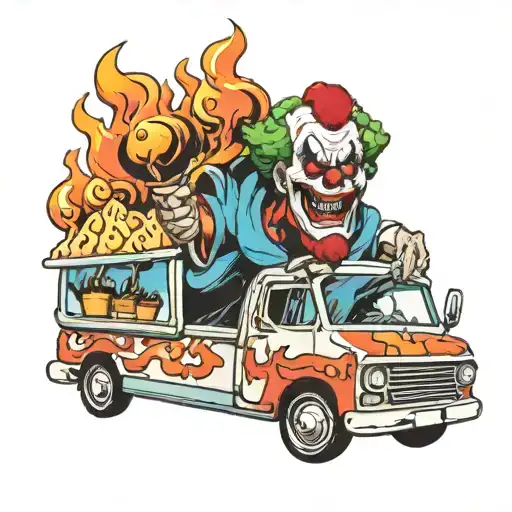 Twisted Metal Clown Head On Fire Driving Ice Cream Truck