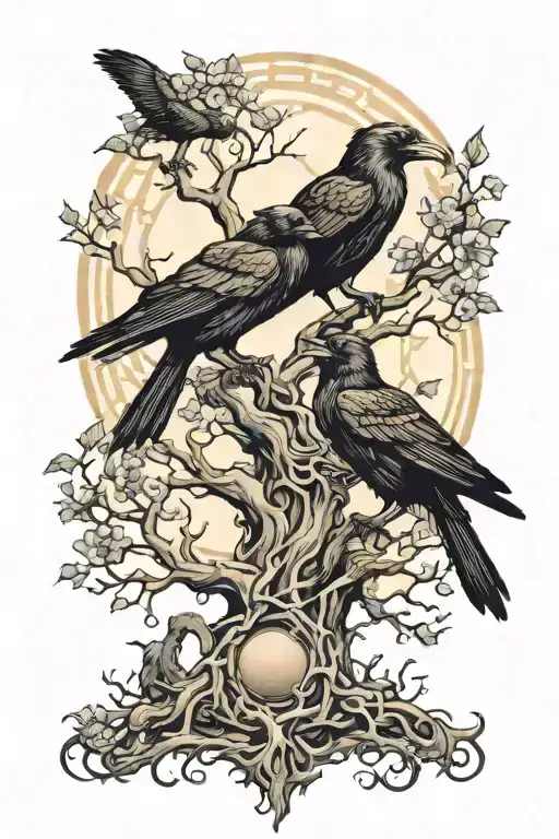 Ravens Huginn And Muninn Perched On Yggdrasil