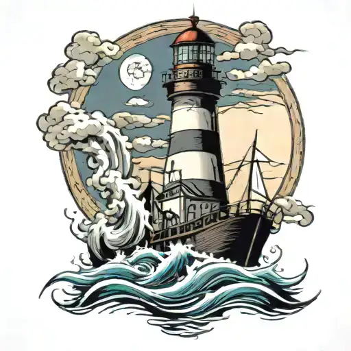 Lighthouse With Ship Sailing Through Stormy