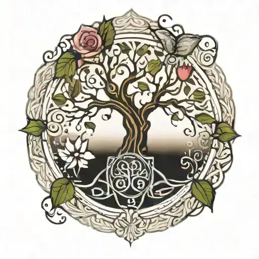 Tree Of Life Surrounded By A Circle With A Lotus Flower Below Followed By The Om Symbol