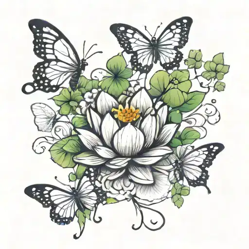 Lotus With Butterflies And Lucky Clovers