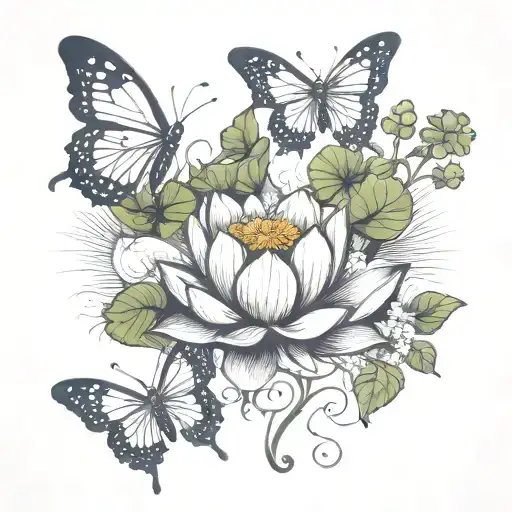 Lotus With Butterflies And Lucky Clovers And American Flag