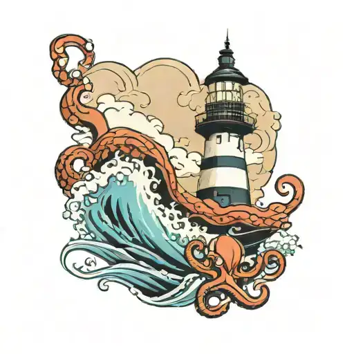 Ship Sailing Through Stormy Seas To A Lightouse With An Octopus In The Water