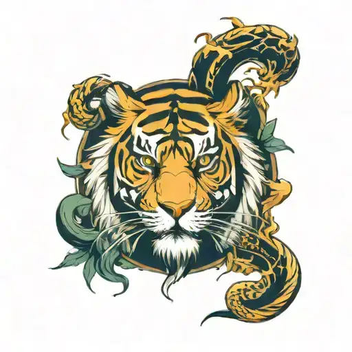 Zeus Face With Ligthning And Tiger Fighting With Snake