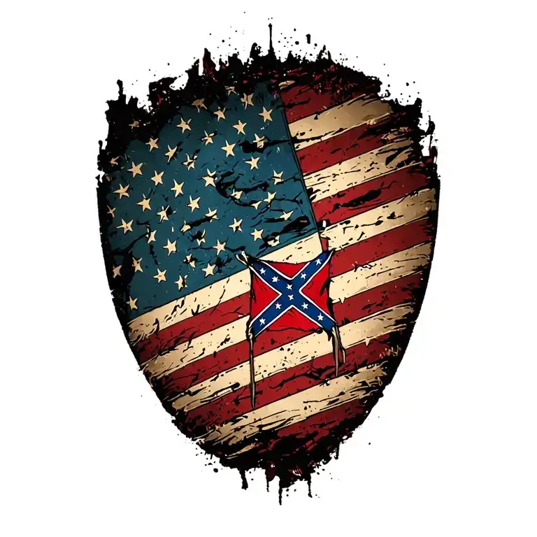 Distressed American Flag With Small Confederate Square Flag In Center