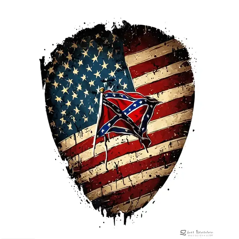 Distressed American Flag With Small Confederate Square Flag In Center