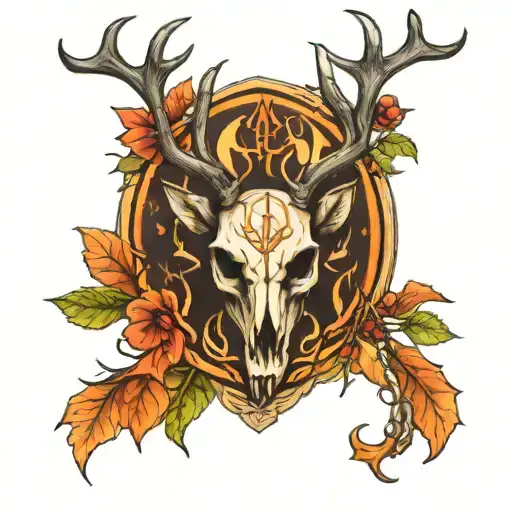 Deer Skull With Celtic Knot In Between Antlers With Burning Bush Underneath