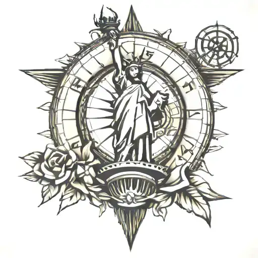Statue Of Liberty In A Compass Rose