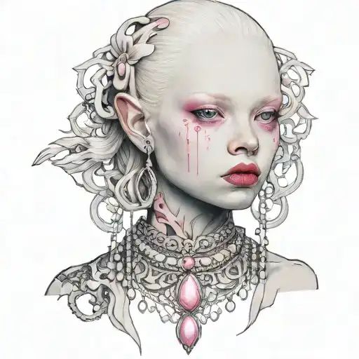 Albino Girl With Pink Eyes Wearing An Elaborate Necklace