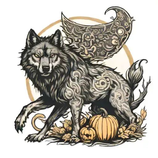 Black Wolf Standing Gard Over His Mate Gourd
