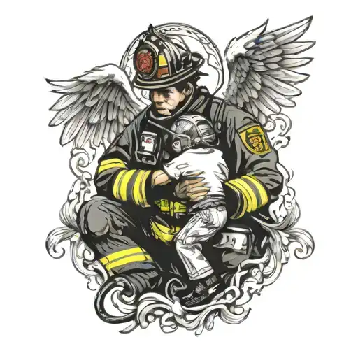 Firefighter With Angel Wings Helping A Child