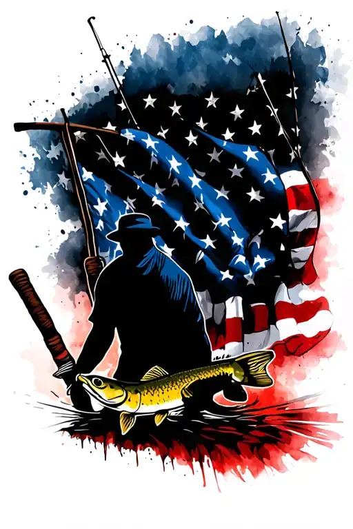 Distressed American Flag With Fishing Pole