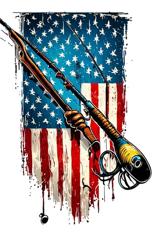 Distressed American Flag With Fishing Pole On Side