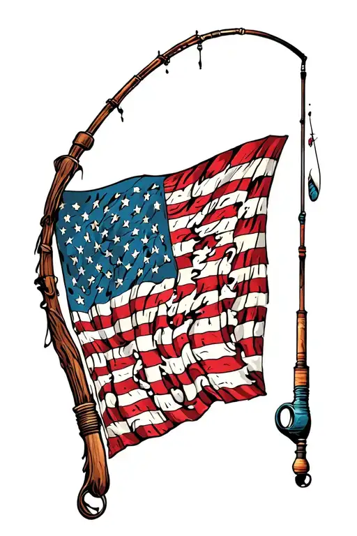 Distressed American Flag With Fishing Pole On Side