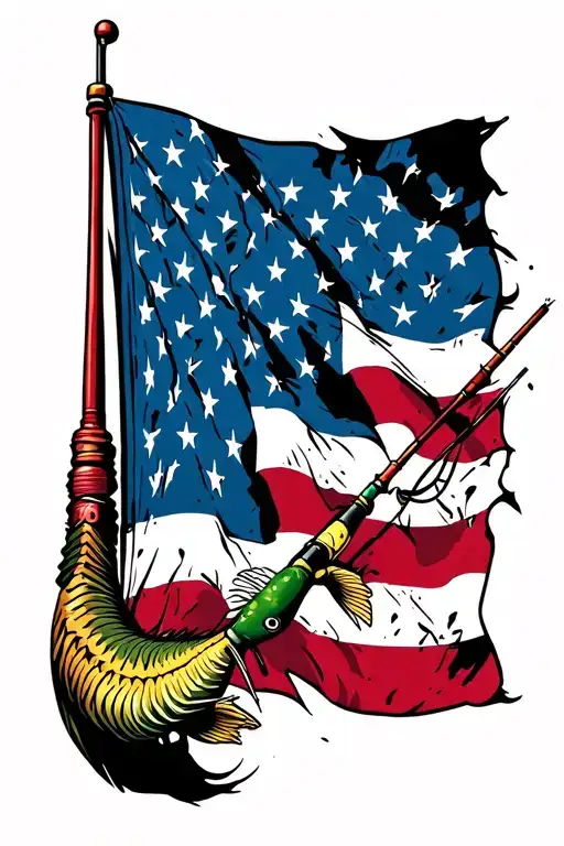 Distressed American Flag With Fishing Pole On Side