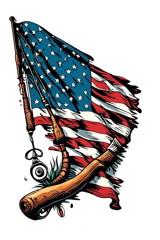 Distressed American Flag With Fishing Pole On Side