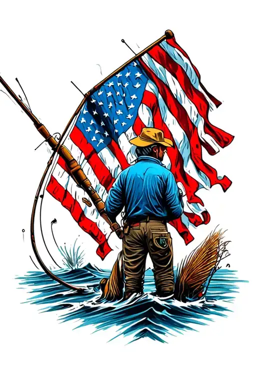 Distressed American Flag With Fishing Pole At Pole