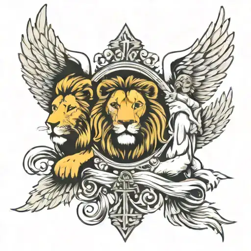 Lions And Christian Cross With Angel Wings