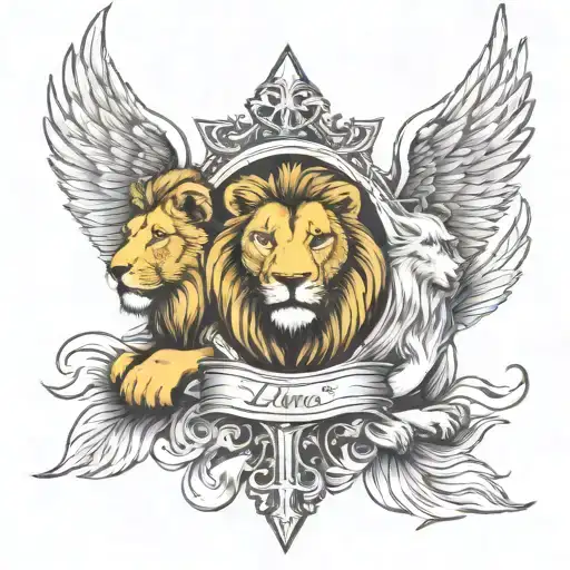 Lions And Christian Cross With Angel Wings