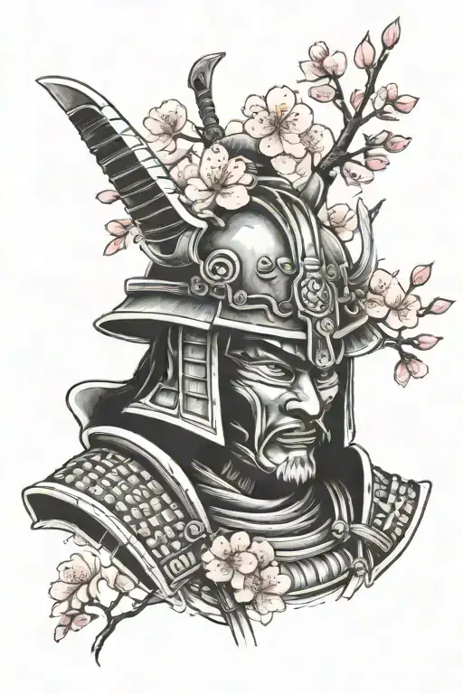 Samurai Helmet On Shoulder Fading Into Cherry Blossom Tree Going Down Arm