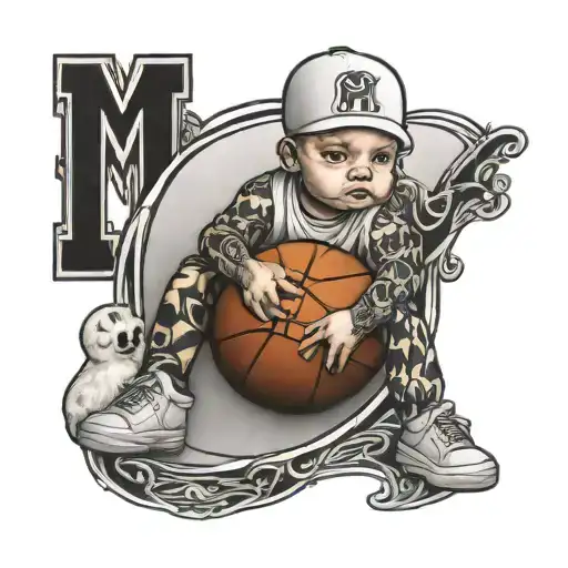 White Baby Holding Basketball With Initials Mj