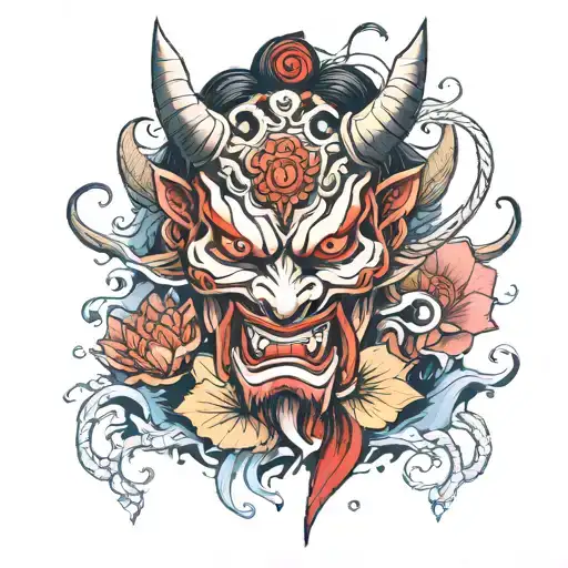 Oni Mask With Katanas And Lotus Petals Floating In Water