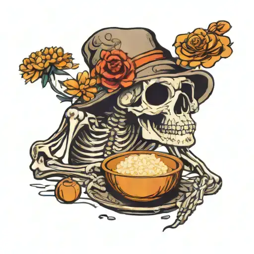 Day Of The Dead Skeleton With A Tiny Bowl Of Rice