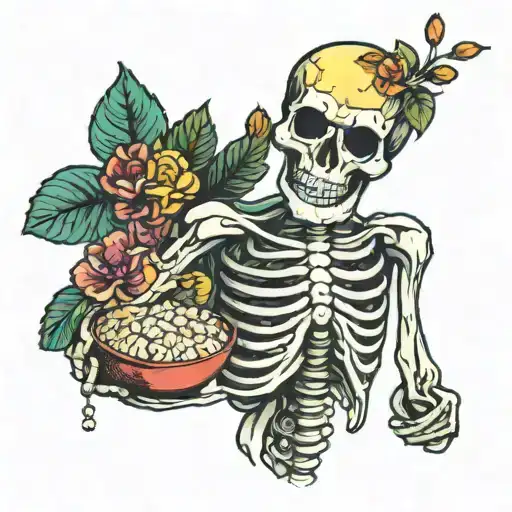 Pretty Colourful Skeleton With Tiny Bowl Of Rice