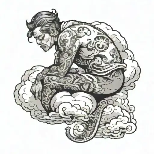 Figure From Behind Sitting On A Cloud