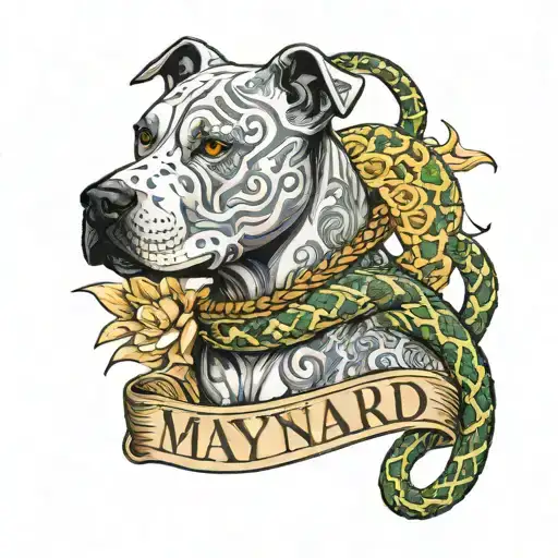 The Name Maynard With A Pitbull In The Back With A Snake Wrapped Around Its Neck Tattoo