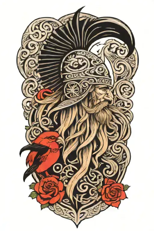 Norse Mythology With A Viking With Nordic Symbols And Odins Crows