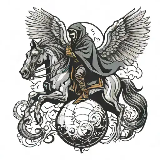 Grim Reaper With Wings And Sphere On A Flying Horse