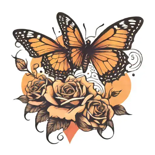 Sunset Sky Scene With Roses And Buterfly Covering Chest